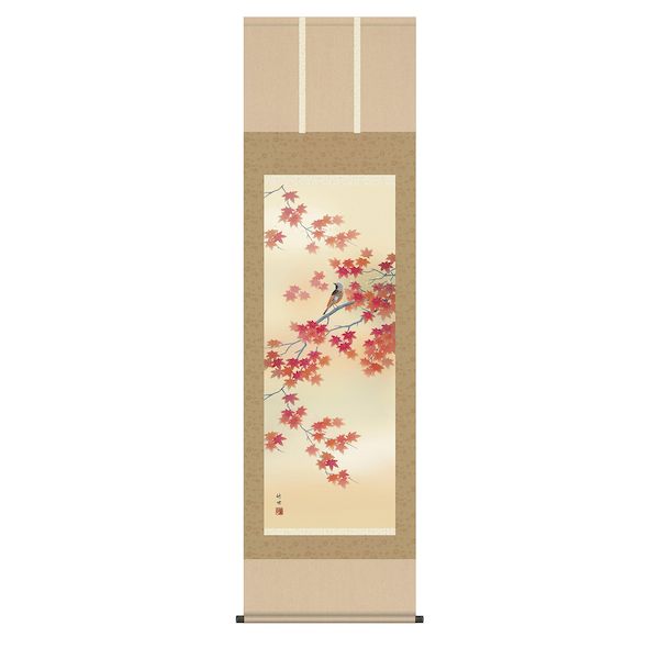 K11576-4 掛軸 四季花鳥揃 田村竹世筆 尺五単品 秋 紅葉に小鳥 K115764