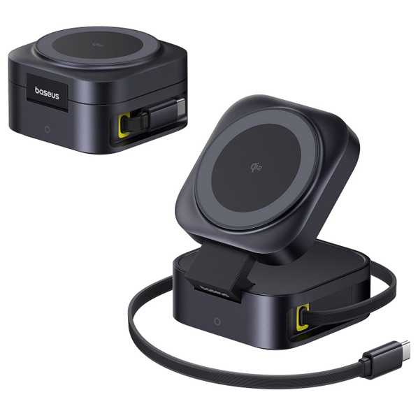Baseus PicoGo 2-in-1 急速充電器 67W 巻き取り式USB-Cケーブル内蔵 Qi2対応 Cosmic Black P1027680012300 [P1027680012300]
