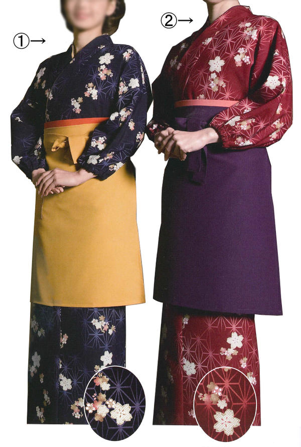 お取り寄せ商品　茶羽織・スカートタイプ　桜と麻の葉　Ｍ・Ｌ寸　[飲食店ユニフォーム　和風ユニフォーム　割烹　料亭　和食店　着物風　茶衣着]