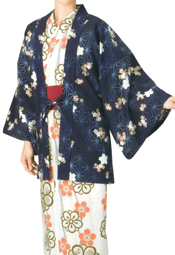 【受注生み出すこと品】男女兼用無償性大きさ ちりめん茶羽織 桜と麻の葉柄（肩裏遣りくちか総裏遣りくちか選べます）1色２０枚１書き割り 丸洗い聞き入れる HA-3950c-01