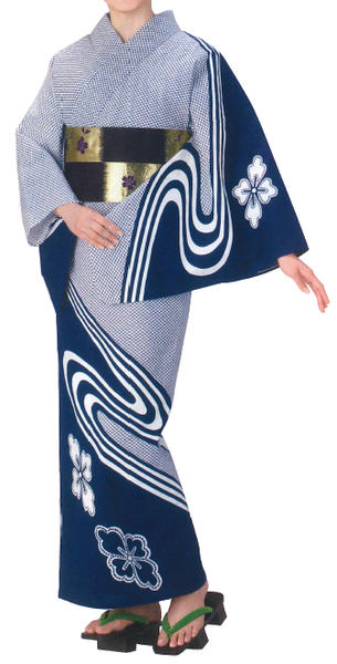 お揃い絵羽ゆかた　反物・女フリーサイズ　鹿の子・流水・花菱　紺色　[町内会　盆踊り　民謡踊り　婦人会　商工会　舞踊　お揃い浴衣]｜【えどわん】店