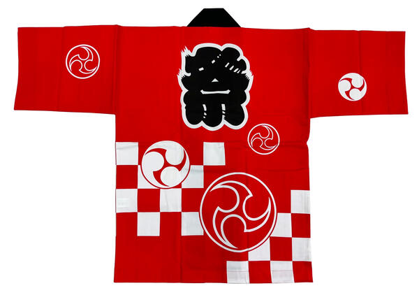 シルクプリント法被　市松と三ッ巴・赤　半纏帯別売