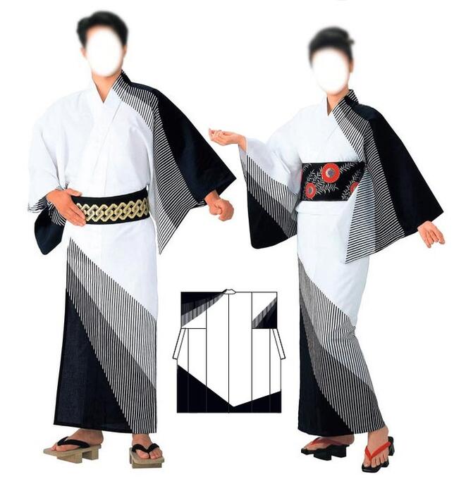お揃い絵羽ゆかた(男女同柄)　反物・男Ｍ寸・男Ｌ寸・女フリーサイズ　縞　[町内会　盆踊り　民謡踊り　婦人会　商工会　舞踊　お揃い浴衣]