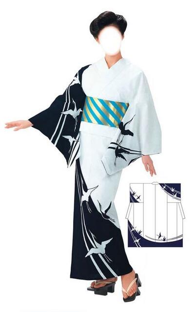 お揃い絵羽ゆかた(男女同柄)　反物・男Ｍ寸・男Ｌ寸・女フリーサイズ　鶴　[町内会　盆踊り　民謡踊り　婦人会　商工会　舞踊　お揃い浴衣]