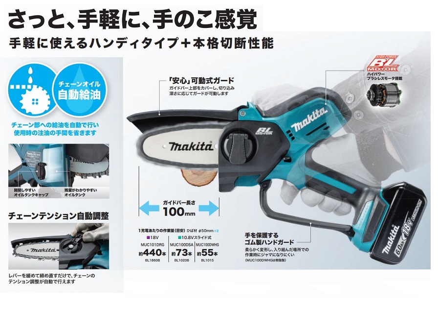 マキタ MUC101DRG 18V充電式ハンディソー ガイドバ−長さ100mm チェ