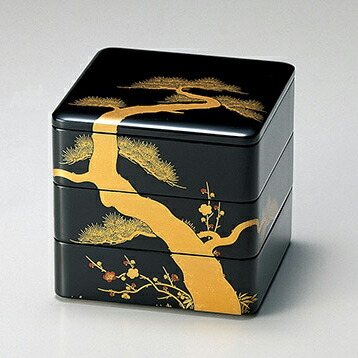 黒塗二段重 内朱塗 本漆 蒔絵 松竹梅 重箱 2組 木製懐石 img58096325.jpg