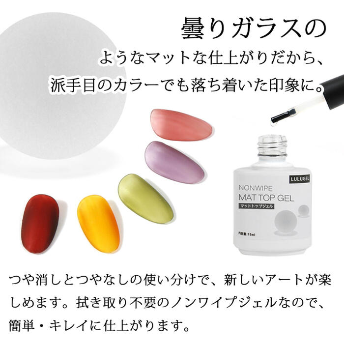 楽天市場 メール便送料無料 ジェルネイル マットトップ ノンワイプ 15ml ポリッシュタイプ 拭き取り不要 つや消し つやなし ルルジェル Lulugel ジェルネイル用品ならイイネイル