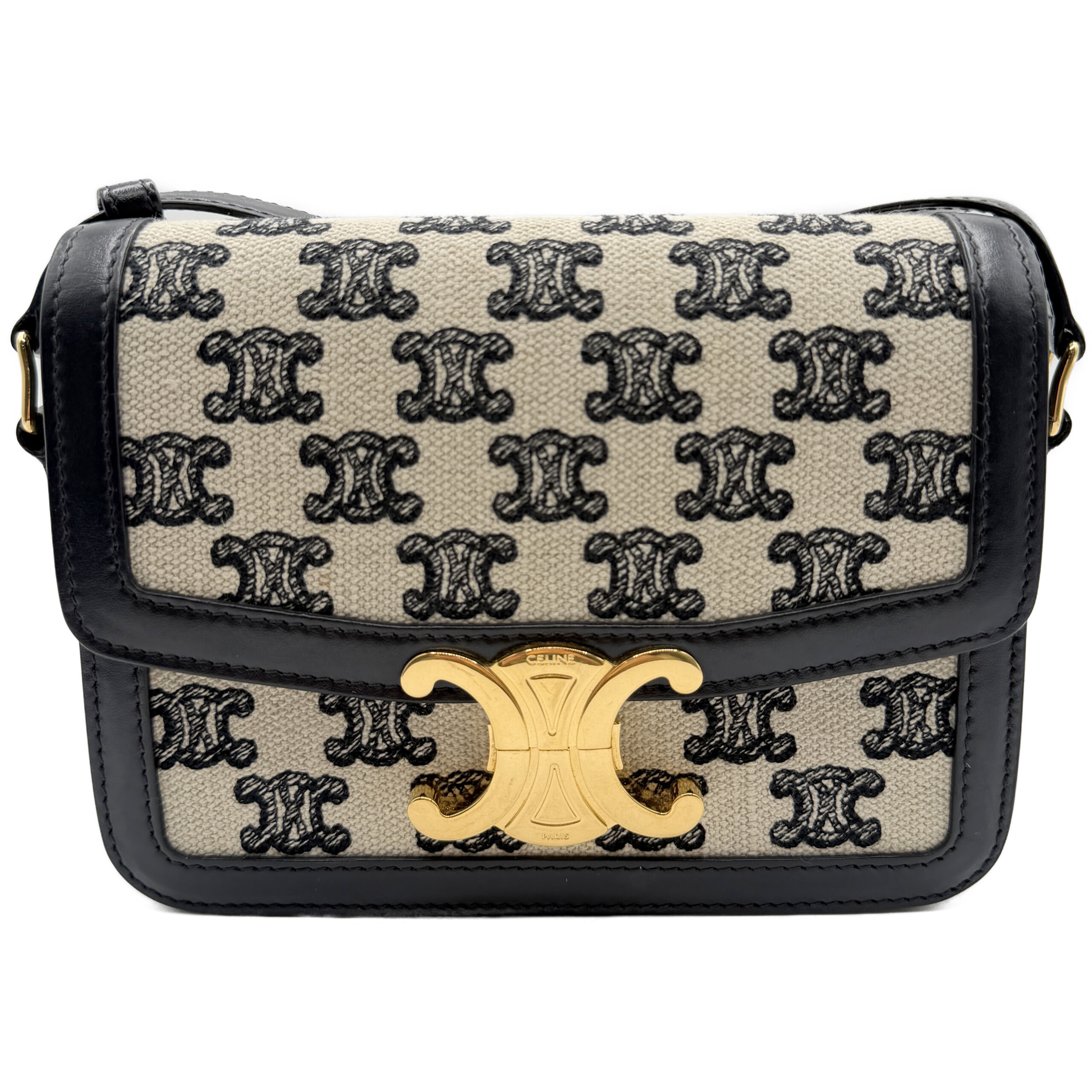 セリーヌ ティーン トリオンフ チェーンショルダー ベージュ/黒 キャンバス/レザー ゴールド金具 中古A CELINE レディース バッグ ショルダーバッグ