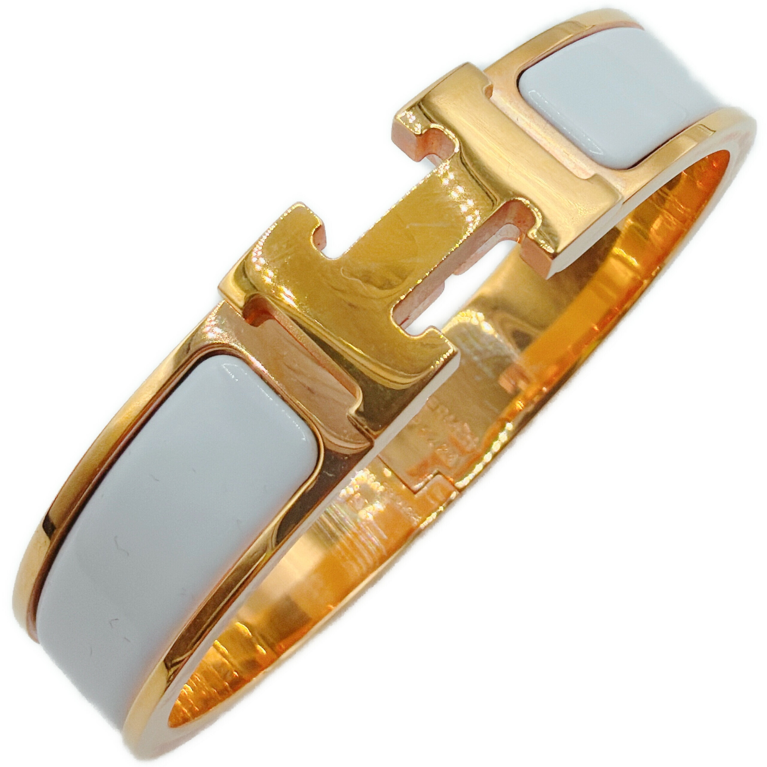 エルメス クラックH クリッククラック PM 白 ラッカーメタル ゴールド金具 中古A HERMES レディース バングル アクセサリー ホワイト