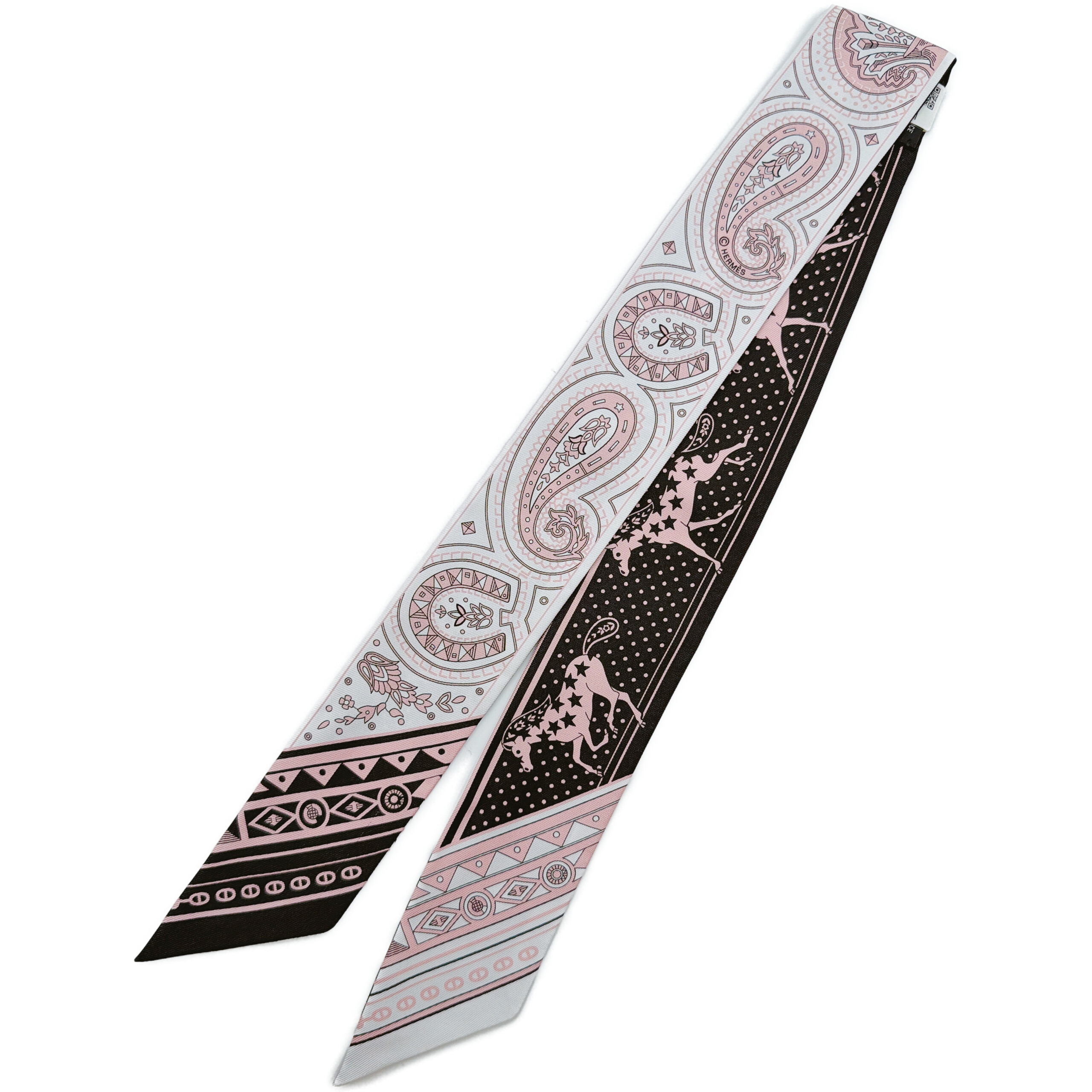 エルメス ツイリー CHEVAL de COEUR Bandana シュヴァル・ドゥ・クール・バンダナ 黒/白/ヴューローズ シルク 新品 HERMES レディース スカーフ 2026年春夏 ブラック ホワイト
