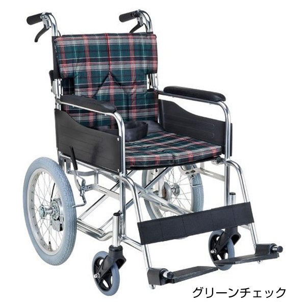 スタンダードモジュール車いす(介助式・背折れ)座面幅38cm/グリーンチェック(マキテック)SMK30-3843GC|えがおコレクション