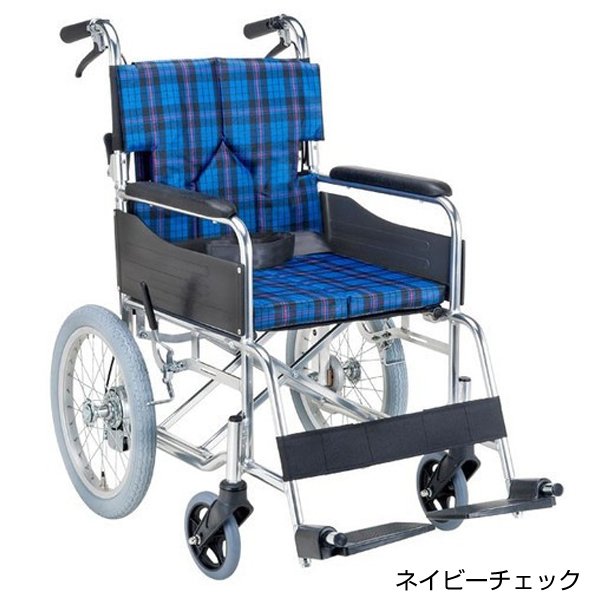スタンダードモジュール車いす（介助式・背折れ）座面幅38cm／ネイビーチェック（マキテック）SMK30-3843NC｜えがおコレクション