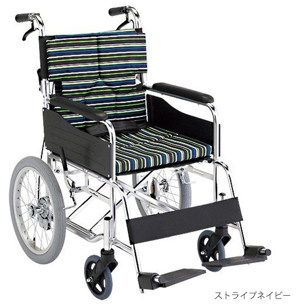 スタンダードモジュール車いす（介助式・背折れ）座面幅38cm／ストライプネイビー（マキテック）SMK30-3843SN｜えがおコレクション