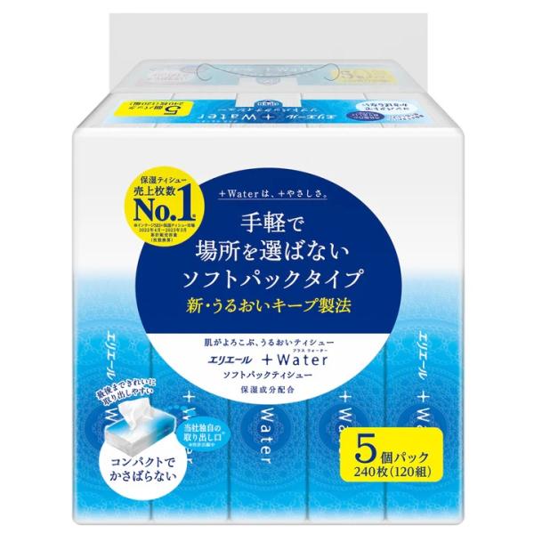 （ケース販売）エリエール ＋Water（うるおいティシュー）ソフトパック120W5P／120組&times;90パック（大王製紙）｜えがおコレクション