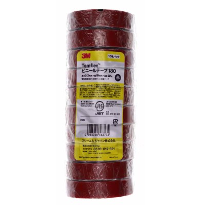 3M Temflex ビニール磁気テープ 180, 赤いこと, 19 粍 x 20 m, 10 巻/容器に並べる, 10  容器に並べる/箱