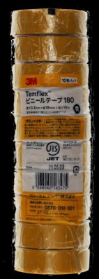 3M Temflex ビニールテープ 180, イエロー, 19 mm x 10 m, 10 巻/パック, 20 パック/箱