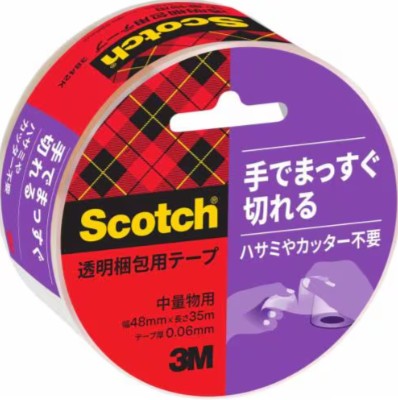 3M スコッチウイスキー 澄み切った荷造り用磁気テープ 3842K, 澄み切った, 手でまっすぐ切れる, 48 粍 x 35  m, 36 容器に並べる/箱
