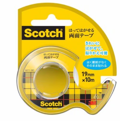3M スコッチウイスキー はってはがせる両面磁気テープ 667-1-19D, 澄み切った, ディスペンサー付, 19 粍 x 10 m, 12 巻/中箱, 12 中箱/箱