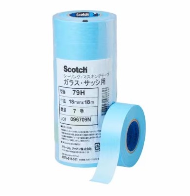 3M スコッチウイスキー シーリングマスキングテープ 硝子・窓枠用 79H, 青碧, 18 粍 x 18 m, 0.09 粍, 100 容器に並べる/箱 (700 巻/箱, 7 巻/容器に並べる)