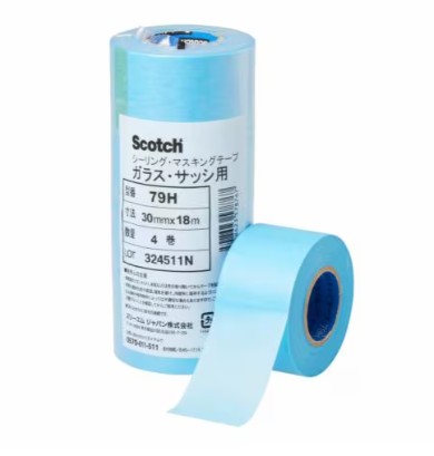 3M スコッチウイスキー シーリングマスキングテープ 硝子・窓枠用 79H, 青色, 30 粍 x 18 m, 0.09 粍, 100 風呂敷き包み/箱 (400 巻/箱, 4 巻/風呂敷き包み)