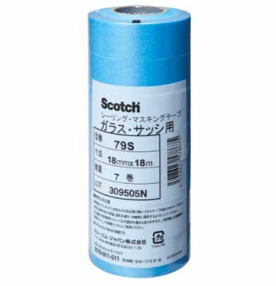 3M スコッチウイスキー シーリングマスキングテープ 硝子・窓枠用 79S, 青碧, 18 粍 x 18 m, 0.09 粍, 100 容器に並べる/箱 (700 巻/箱, 7 巻/容器に並べる)