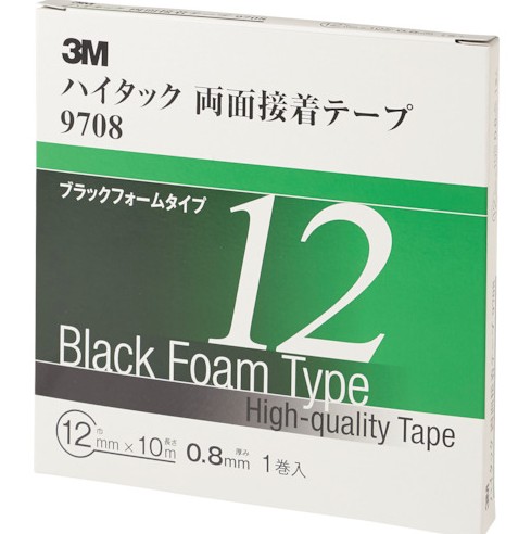 3M アクリルフォームテープ 9708 AAD, 黒, 0.8 粍, 12 粍 x 10 m, 12 渦状文/箱