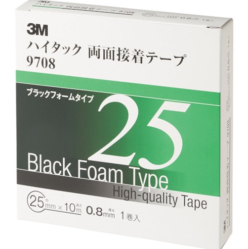 3M アクリルフォームテープ 9708 AAD, 黒, 0.8 粍, 25 粍 x 10 m, 6 一巻き/箱
