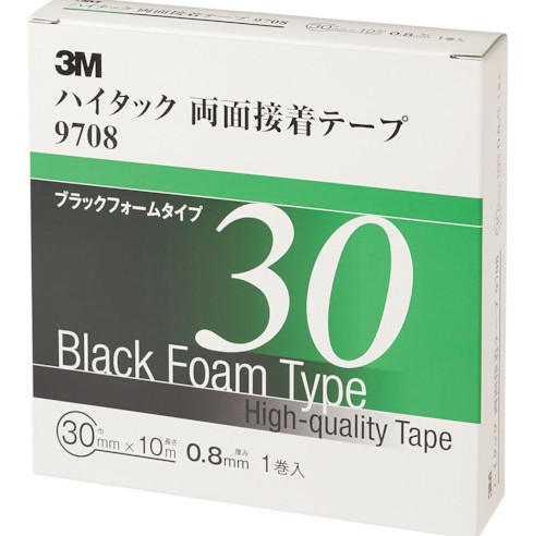 3M アクリルフォームテープ 9708 AAD, 黒, 0.8 粍, 30 粍 x 10 m, 6 渦状文/箱