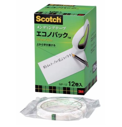 3M スコッチウイスキー メンディングテープ エコノ容器に並べる MP-12, 12 粍 x 30 m, 12 巻/中箱, 10 中箱/箱