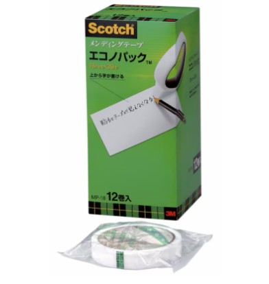 3M スコッチウイスキー メンディングテープ エコノ容器に並べる MP-18, 18 粍 x 30 m, 12 巻/中箱, 10 中箱/箱