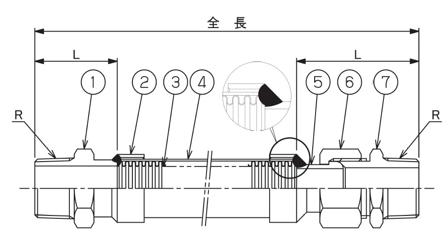 トーフレ 軟らかい熱電子管 F-TAP-5000+7000M 32A×500L(金具:ステンレス鋼鋼(SCS13) くっ付けるニップル+ルーズニップル)