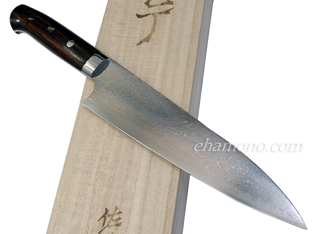 佐治武士作　V金10号W有色ダマスカス　牛刀210　アイアンウッドハンドル