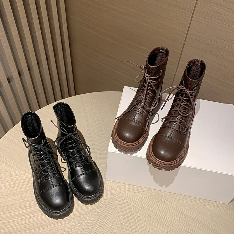 マーチングブーツ レディース ショートブーツ 本革 牛革 冬 ブーツ 革靴 内側ヒールアップ 防滑 かっこいい おしゃれ 通勤 カジュアル 後方ジッパー 厚底 ローヒール 秋 冬 ファッション 33 21.5 22 23 23.5 24 24.5 25 KATACHITO