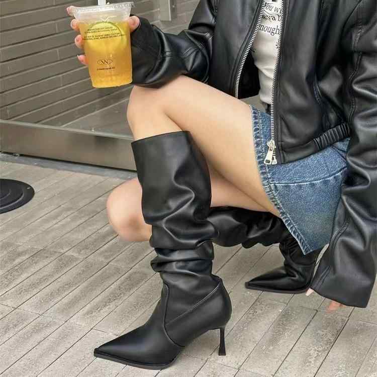 ブーツ ポインテッドトゥ ハイヒール ロングブーツ レディース メンズ ストレッチ仕様 細身シルエット ヒール高6cm 7cm 8cm 美脚効果 きれいめおしゃれ カジュアルモード 春秋用 大きいサイズ対応