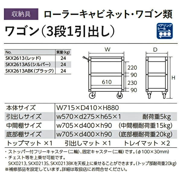 でおすすめアイテム。 ※代引 日時指定不可 KTC ワゴン SKX2613ABK ブラック 3段1引き出し 京都機械 工具 収納 工具箱  fucoa.cl