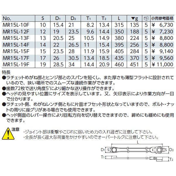 在庫処分 KTC 超ロングラチェットめがねレンチ 首振りタイプ MR15L-13F www.tacoya3.com