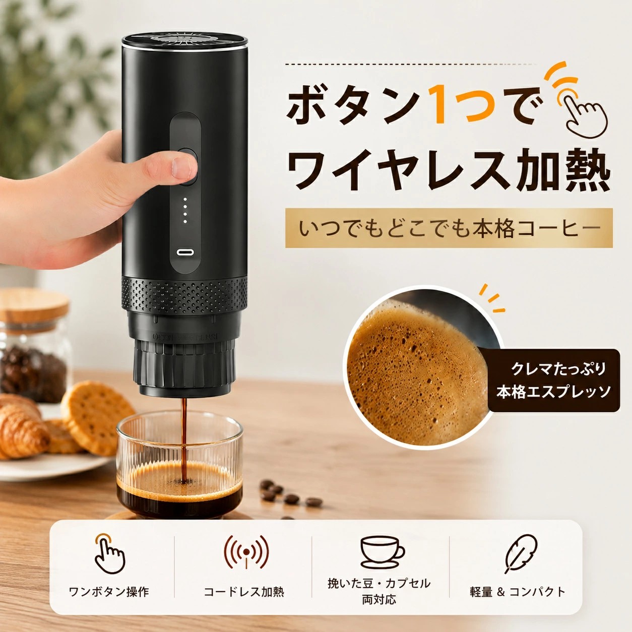 珈琲製造業者 一人用 携帯型 USB申し受ける式 飾り気の無い取りまわし エスプレッソ機関 15BAR 高圧 宇宙カプセル相応う 小型 パウダーコンパクト 軽さ パウダーコンパクト 車載 車中泊 アウトドア 身寄り用 今めかしい 差し上げ物
