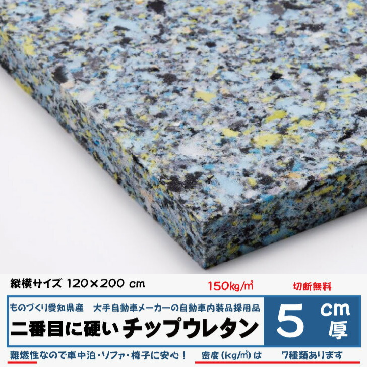 低燃焼性　純日本製 5センチ厚×60×200 一番硬いウレタンチップ CH416 200kg/立法メートル 椅子 ソファ ベッド 車中泊 座布団 枕 マット ベンチ 遮音 防音 切断無料 軟質ウレタンフォーム 自動車内装材料の低燃焼試験適用 難燃性 7,904円
