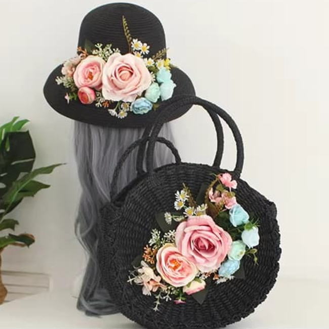 斜め掛け カゴバッグ ナチュラル カゴバック ショルダー 夏バッグ 斜めがけ ブラック 花 フラワー 麦わら帽子 黒 セット かごバ