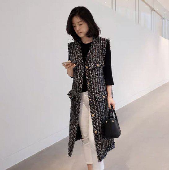 大きいサイズ Vネック ロング丈 羽織 カジュアル 春 オ ロングベスト 重ね着 ジレ レディース ノースリーブ ボタン付き ツイード｜エイトフィート店
