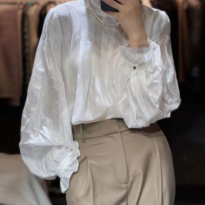 シャツ レディース 長袖 立襟 コットン トップス 無地 ブラウス 白 春夏 秋冬 オフィス かわいい ガーリー フェミニン