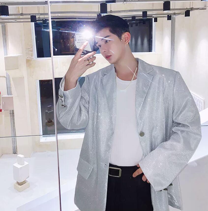 キラキラ ジャケット 男性 光沢あり 舞台演出服 ゆったり 長袖コート メンズ 個性 舞台衣装 バー カラオケ ジャズ ヒップ