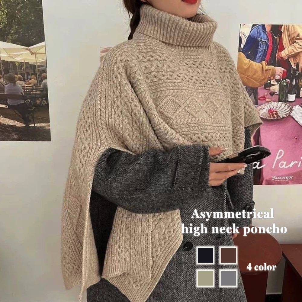 ポンチョ レディース アシンメトリーハイネックポンチョ トップス 毛布 授乳 レイン フード スト