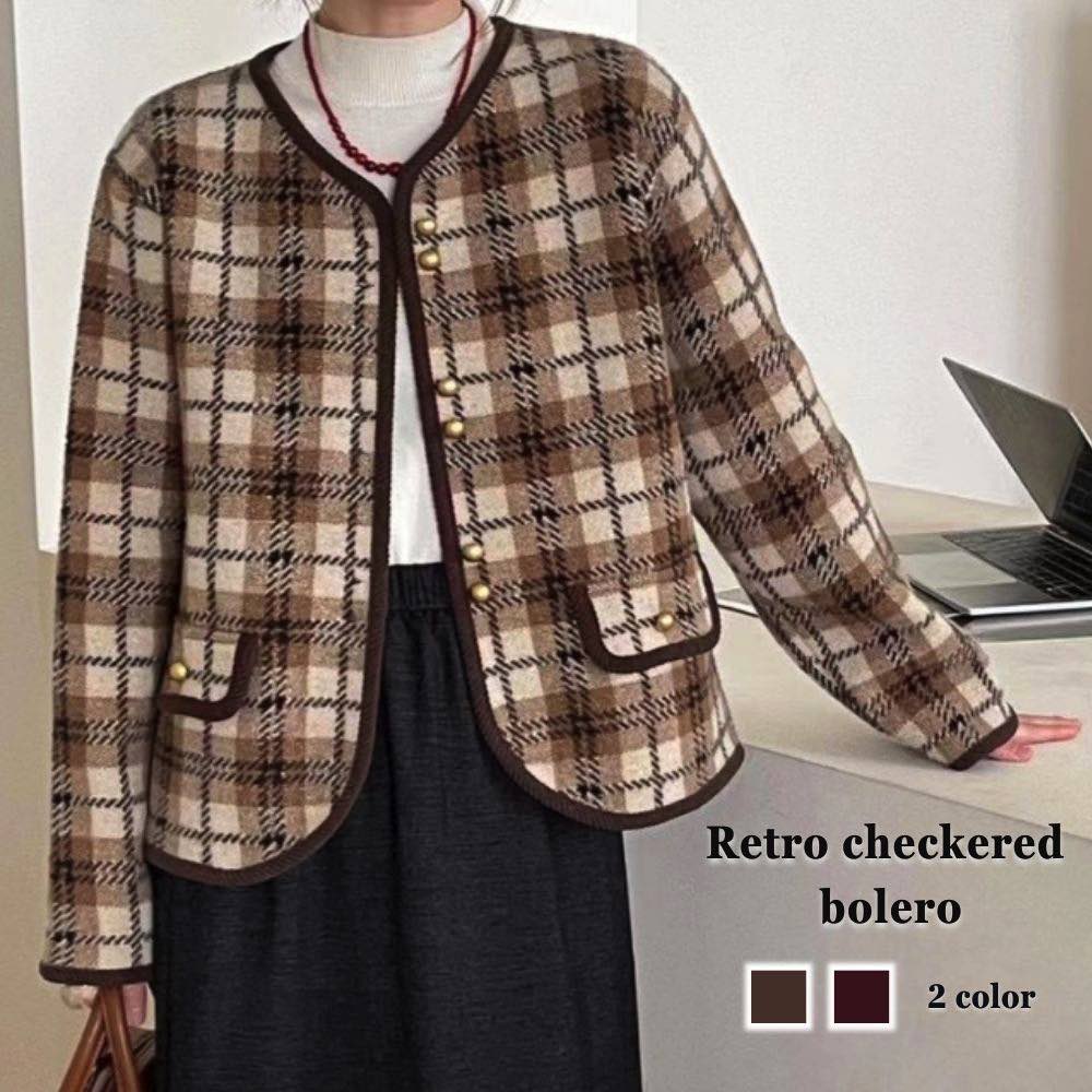 カーディガン レディース レトロ風チェック柄ボレロ ジャケット ウール 丸首 ゆったり ニット 春