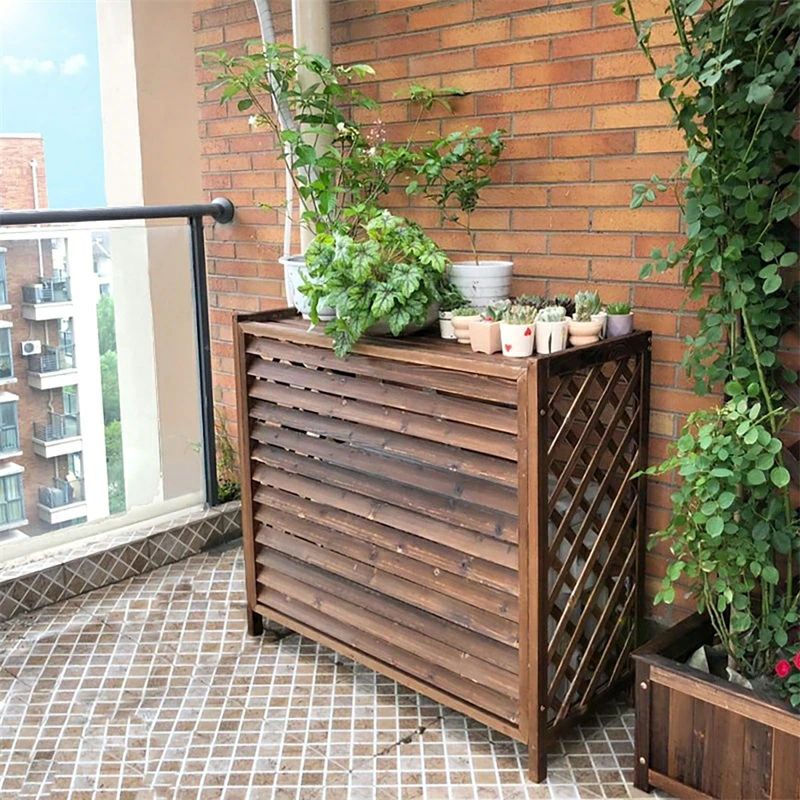 木製 屋外機覆いかぶせる 空調設備 木製 屋外機 覆いかぶせる 目かくし 一風変わった ルーバー屋外機覆いかぶせる フラワーラックバルコニー納める仕合わせ