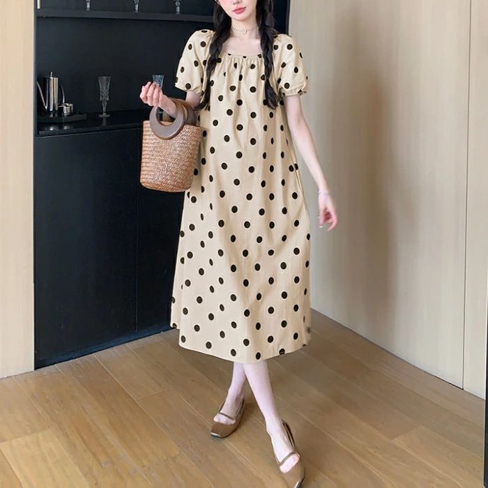 ワンピース ドレス レディース きれいめ カジュアル 大人可愛い 春 秋 夏 半袖 パフスリーブ ドット 水玉 Aライン フレア 綿麻