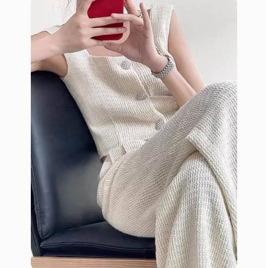レディース トップス パンツ セットアップ 2点セット ツーピース ロング丈 丈 ベスト スリム 細身 ハイウエスト コンサバ かわい