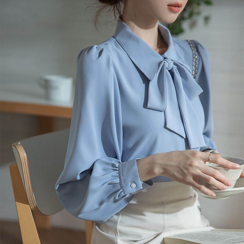 ガ ラフ かっこいい おしゃれ きれいめ 大人可愛い ボタン リボン シフォン ストレート ポロカラー 襟付き 長袖 シャツ トップス