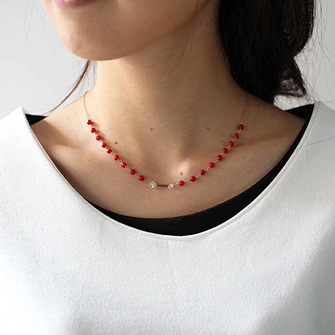 cocozelle（ココゼル） / CON-06 crystal backlace ネックレス - 珊瑚 レディース ギフト 記念日 アクセサリー ジュエリー 20代 30代 40代 50代 60代 プチギフト お祝い 買いまわり プレゼント