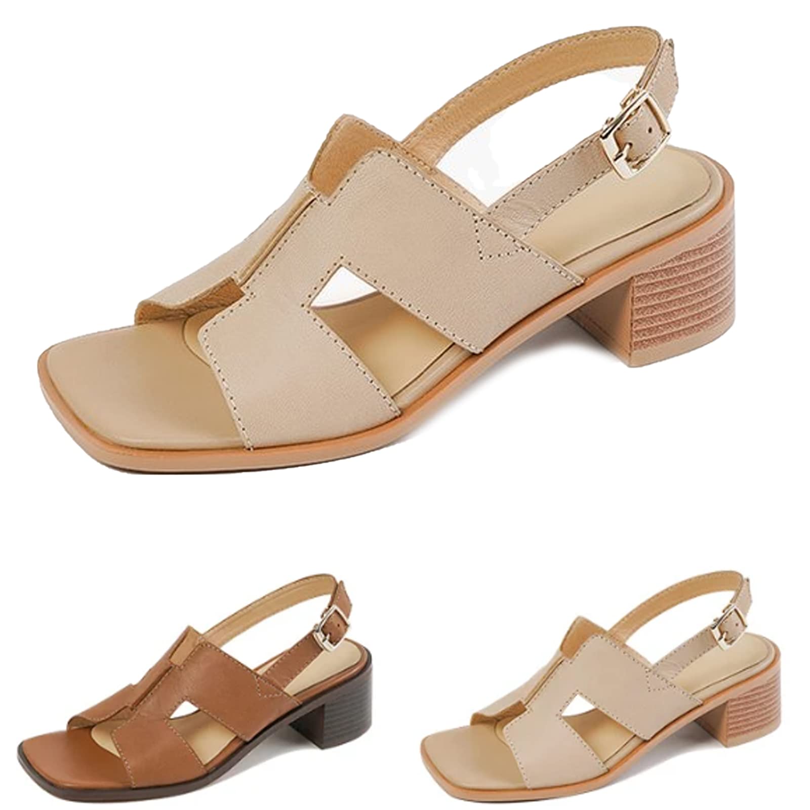 ヒール サンダル 外反母趾、チャンキーヒール サンダル 厚底、チャンキーヒール サンダル 室内 厚底 5cm 夏のレザーチャンキーヒールサンダル ハイヒールサンダル 超軽量で歩きやすく疲れにくい 柔らかな履き心地で足をケア